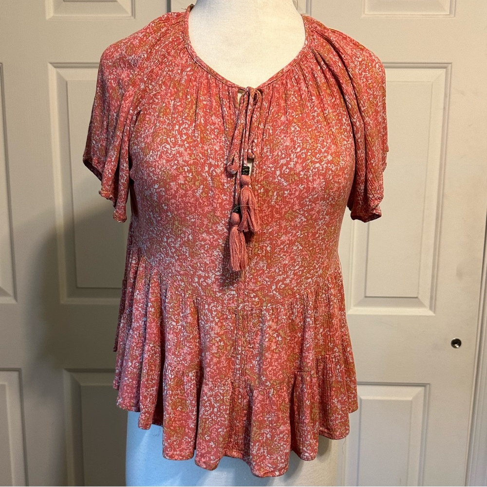 Rewind Coral Floral pattern with Tassel Tie Front Closure & Short Sleeve S:Small